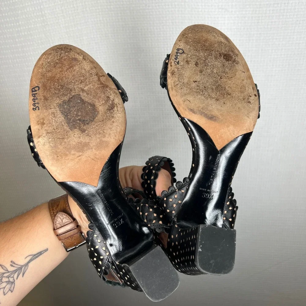 Tabitha Simmons Black Polka Dot‎ Leather Block Heel Sandals Scalloped Strap